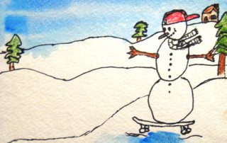 Illustration of a snowman riding a skateboard